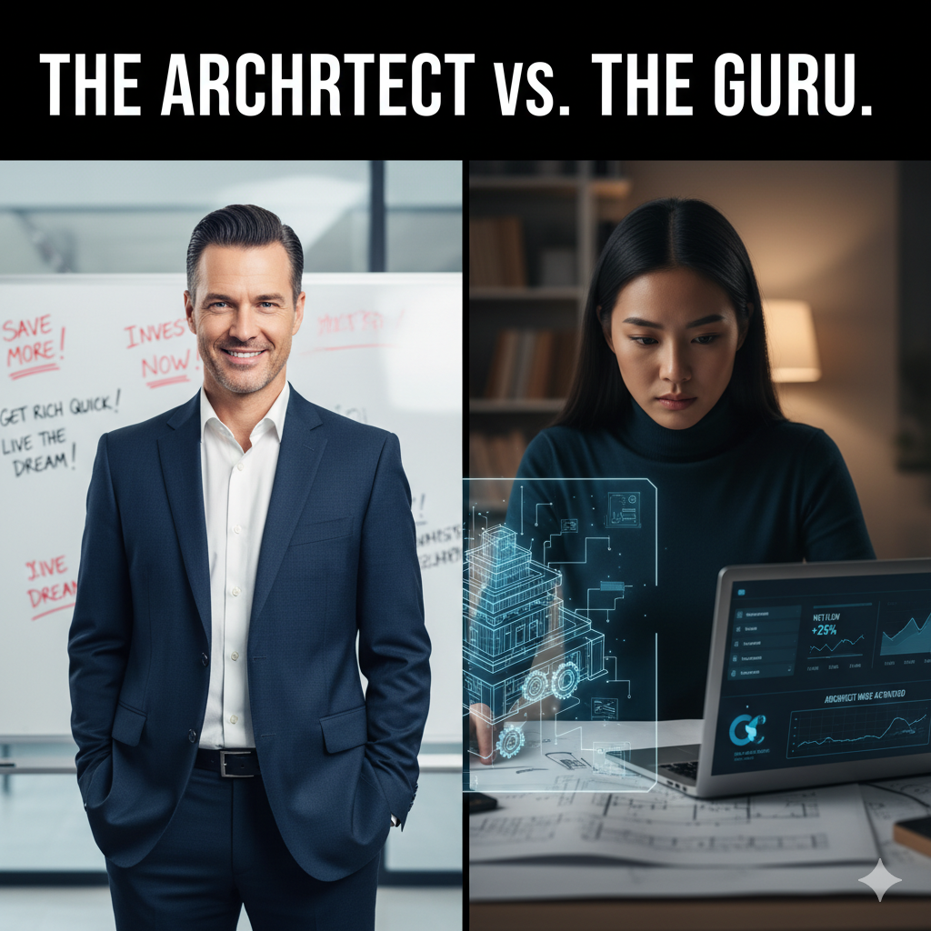 A visual comparison between a financial guru's empty promises and a professional Financial Architecture System designed for real wealth building.