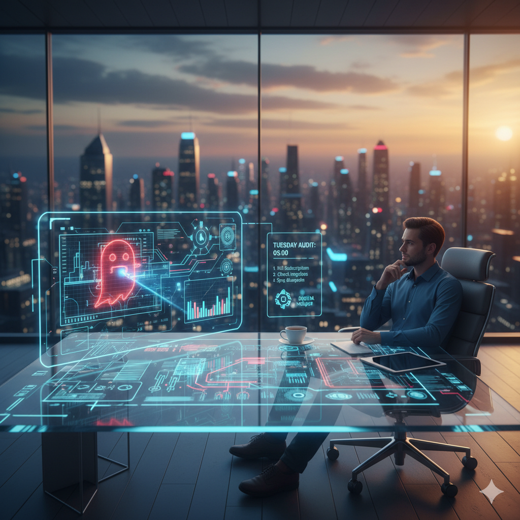 Financial Architect performing a 5-minute Tuesday cash flow audit on a digital interface, identifying financial ghosts and leaks in a modern office setting.